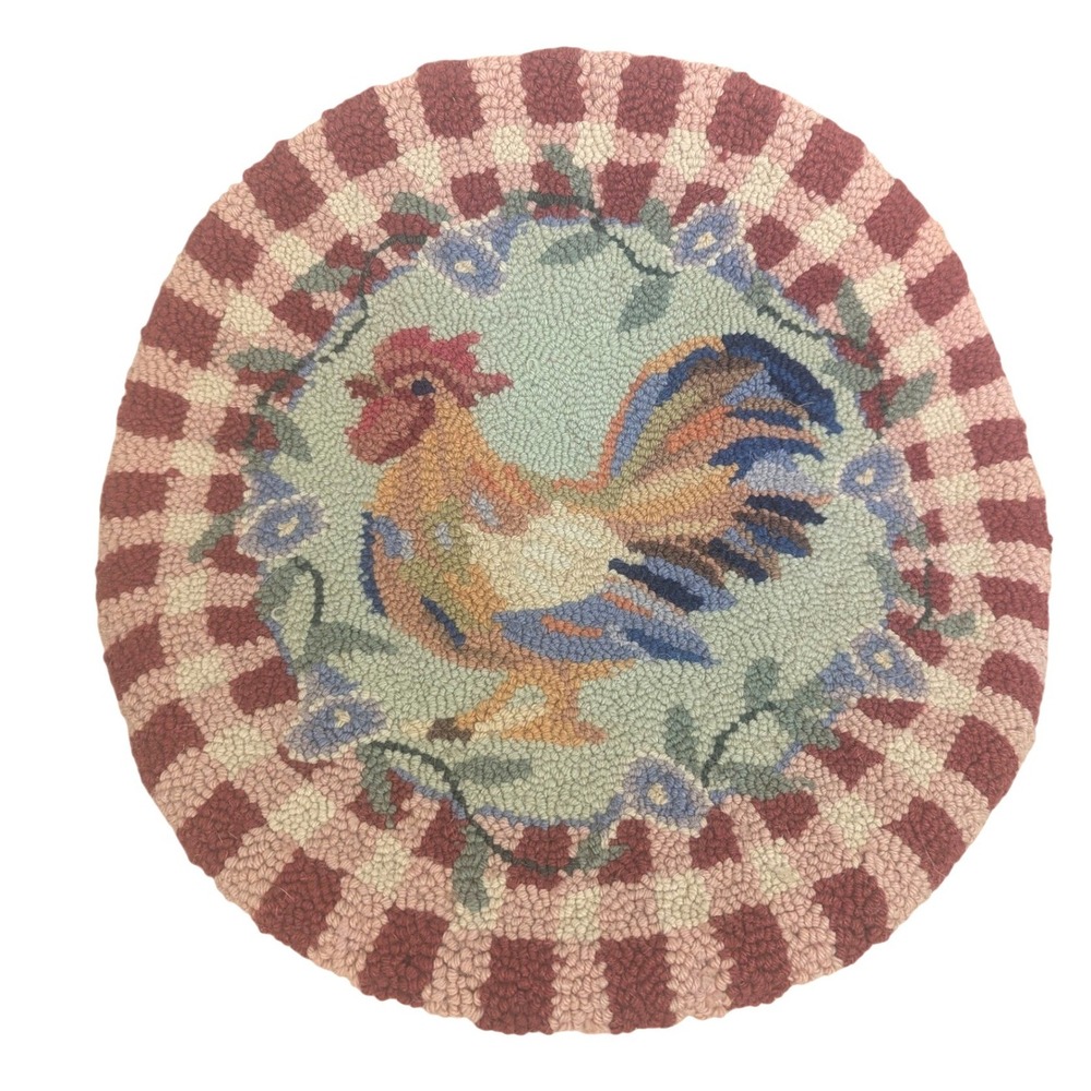 Vtg Hand Hooked Rooster Chicken Chair Pad 15" Folk Art Country Farmhouse Round